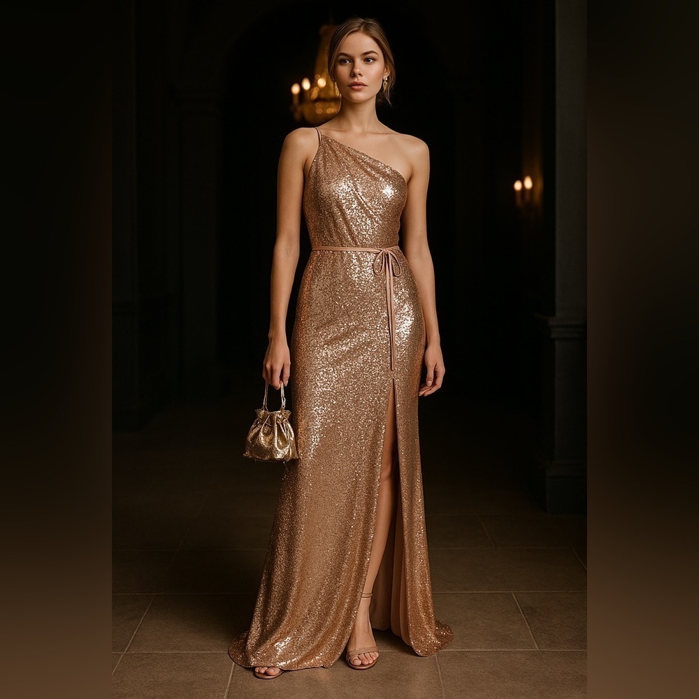 Marchesa Notte Rose Gold Sequin One-Shoulder Gown Size 10 Formal